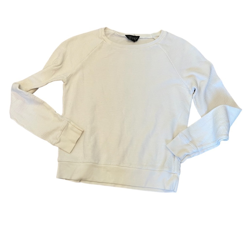 TOPSHOP White Ribbed Cropped Long Sleeve Stretch Casual Crew Neck Top 2